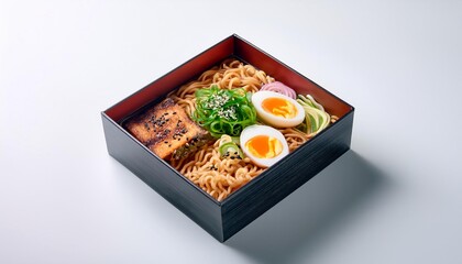 Ramen in bento box with white background isolated