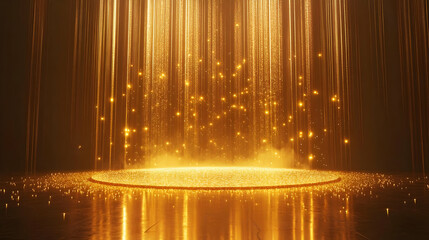 Poster - Golden glitter rain falls on a round platform with a reflective floor.