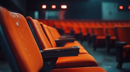 Aufkleber - Close up of orange red seats in dark empty cinema hall with copy space Background with rows of chairs with selective focus Concept of event theatre conference show presentation audienc : Generative AI