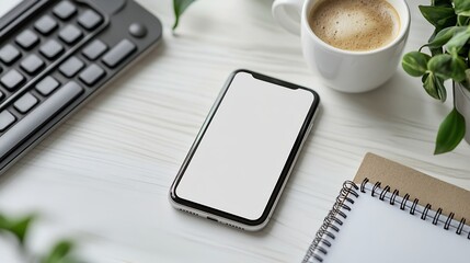Aufkleber - Flat lay mobile phone with empty screen coffee cup notepad and keyboard on white table Top view with copy space : Generative AI