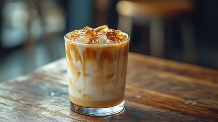 ice caramel macchiato coffee on  rustic table background : Generative AI