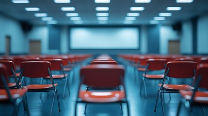 Fototapete - Empty defocused university classroom Blurred school classroom without students with empty chairs and tables Business conference room : Generative AI