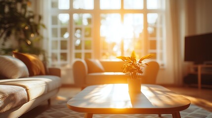 Poster - Blur image of living room with furniture at home with sunlight for background usage blur interior concept : Generative AI
