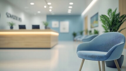 Poster - Blur background of reception area in a modern medical clinic with blue chairs and wooden counter Modern lobby Healthcare facility interior design concept Design for poster wallpaper Sp : Generative AI