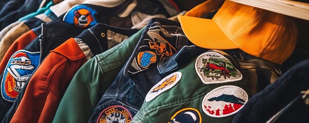 photo of embroidered patches on various clothing items, including jackets and hats, displayed in a c