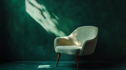 Fototapete - Portrait of empty chair in abstract dark green background Fabric background : Generative AI