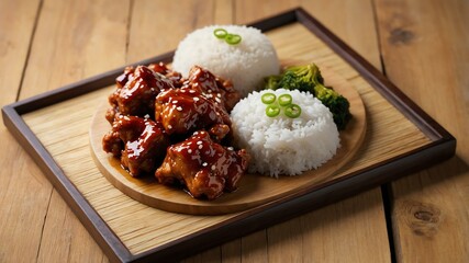 chinese common dish general tsos chicken isolated on an aesthetic plating, concept for advertisement background