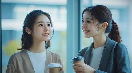 Poster - two young asian businesswomen standing chatting talking and holding coffee by the window in office : Generative AI