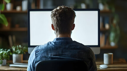 Man in a plaid shirt sitting in front of a computer with a blank screen.