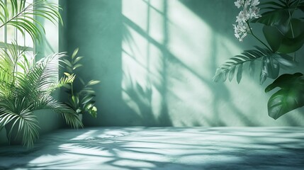 Aufkleber - Abstract gradient green studio background for product presentation Empty room with shadows of window and flowers and palm leaves  3d room with copy space Summer concert Blurred backdro : Generative AI