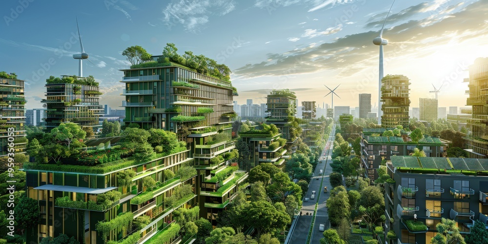 Cutting-edge sustainable cityscape featuring green buildings with ...