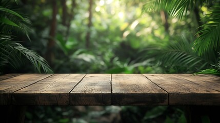 Aufkleber - Empty wood table top with blur background of tropical jungle in summer green The table giving copy space for placing advertising product on the table along with beautiful forest banner : Generative AI