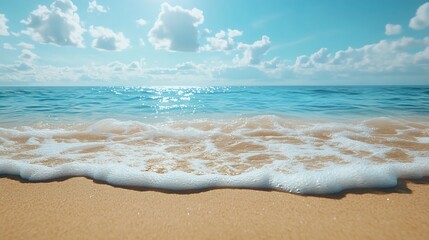 Closeup sand beach sea waves and blue summer sky Panoramic beach landscape Empty tropical beach and seascape horizon Bright exotic coast calmness tranquil seaside nature view relaxing  : Generative AI