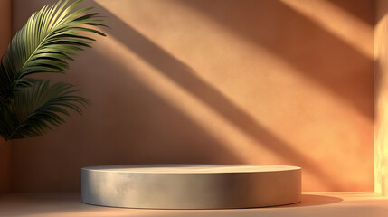 Wall Mural - Minimalist product display with a concrete podium, sunlight, and palm leaves.