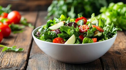 Healthy Organic Mixed Salad in White Bowl on Rustic Wooden Table  Nutritious Vegan Meal Fresh Garden Produce Dietary Food Concept : Generative AI