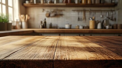 Poster - A wooden table or surface for products against the background kitchen : Generative AI