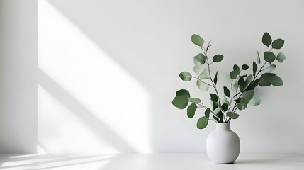 Wall Mural - Minimalist White Vase with Green Leaves in a Room with Sunlight.