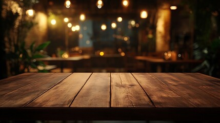 Aufkleber - Empty wood table for product display in blur background of admirable restaurant at night : Generative AI