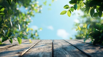 Leinwandbilder - Empty background of summer landscape Wooden table top green leaves closeup on a background of blue sky : Generative AI
