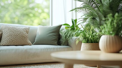 Poster - Interior of light living room with coffee table sofas and houseplants : Generative AI