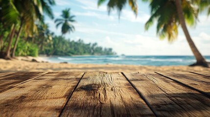 Wall Mural - Empty wooden table with blurred beach with coconut trees in the background : Generative AI