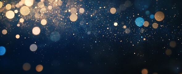 Abstract dark blue background featuring bokeh lights and starry effects, with blue and gold glitter particles. Ideal for Christmas, New Year, or wedding celebration banners, this design evokes a festi