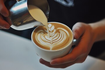 Barista pouring milk into a latte with an intricate heart-shaped design on the surface, captured from the side. The photograph highlights the artistry of creating beautiful latte art with a white cup,