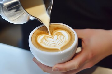 Barista pouring milk into a latte with an intricate heart-shaped design on the surface, captured from the side. The photograph highlights the artistry of creating beautiful latte art with a white cup,