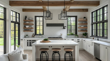 Wall Mural - Modern farmhouse kitchen with white cabinets, wood beams, and large windows overlooking a green lawn.