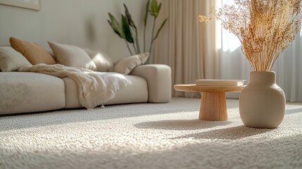 Aufkleber - Stylish living room interior with soft beige carpet side table and sofa Banner design : Generative AI