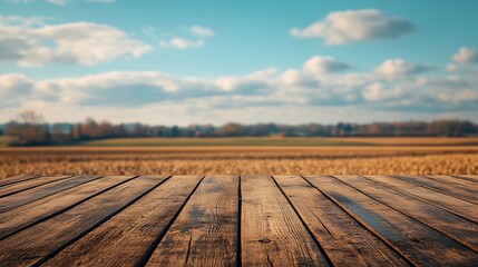 Leinwandbilder - The empty wooden brown table top with blur background of farmland and blue sky : Generative AI