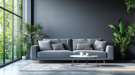 Canvas Print - Minimalistic simple decor of living room Interior of living room modern style with grey fabric sofa marble coffee table Beautiful living room with gray sofa Nobody selective focus : Generative AI