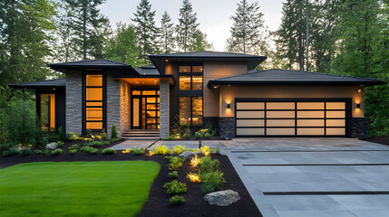 Canvas Print - Modern house with stone accents and a large garage door, surrounded by lush greenery.