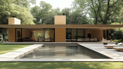 Poster - Modern house with swimming pool and patio in a forest setting.