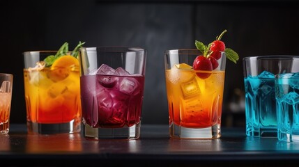 Colorful cocktails in a glass on the bar counter