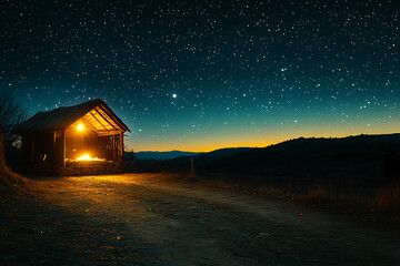 A serene nativity scene featuring the newborn Jesus Christ in a manger, set against a dark, starry night sky.
