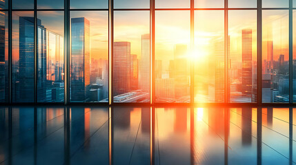 Wall Mural - Modern office with panoramic view of a city skyline at sunset.