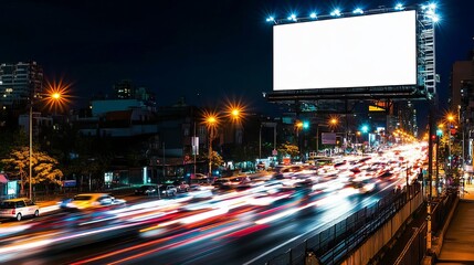 A billboard with an empty white screen towering over a busy city street at night, with bright lights and cars in motion, captured in a dramatic, highcontrast photo style