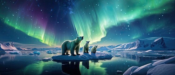 two polar bears stand on a snow-covered ice floe, looking out at the aurora borealis in the night sk