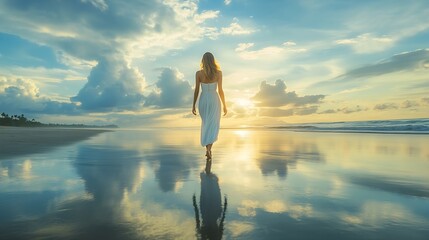 Wall Mural - Young woman walking barefoot on empty beach Full body portrait Slim Caucasian woman wearing long dress Enjoy time on the beach Water reflection Summer vacation in Asia Travel concept B : Generative AI