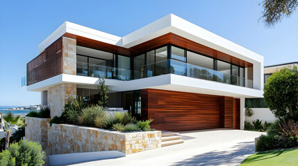 Poster - Modern two-story home with wooden siding, stone wall, and a glass railing balcony overlooking the sea.