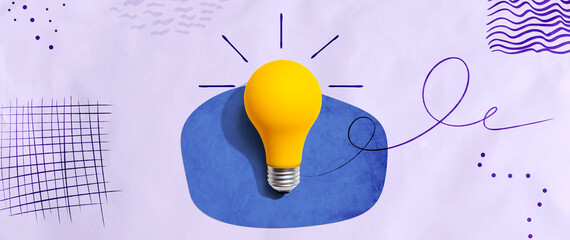 Poster - Yellow light bulb with handwritten sketch - flat lay