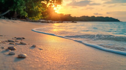 Wall Mural - Closeup sea sand beach Amazing empty beach landscape Inspire tropical island seascape horizon Orange golden purple sunset sunrise sky tranquil sunlight Summer vacation travel holiday c : Generative AI