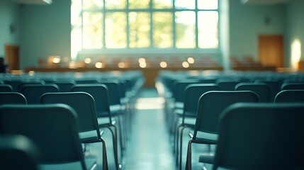 Fototapete - Empty defocused university classroom Blurred school classroom without students with empty chairs and tables Business conference room : Generative AI
