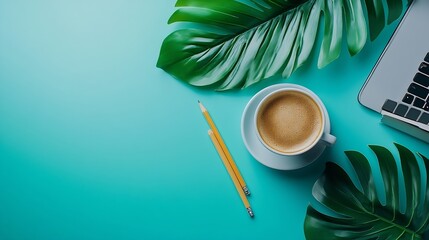 Leinwandbilder - Flat lay top view office table desk Workspace with laptopoffice supplies pencil green leaf and coffee cup on blue background : Generative AI