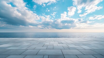 Poster - Empty square floor and blue sea with sky clouds background : Generative AI
