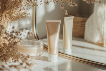 Poster - A tube of cream is elegantly displayed next to a decorative mirror and natural elements, capturing a tranquil moment in a cozy space. Generative AI
