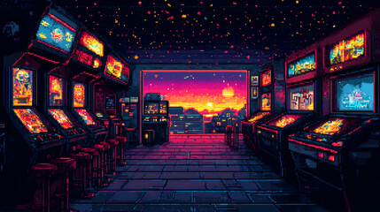 Wall Mural - Pixel art arcade with a sunset cityscape view.