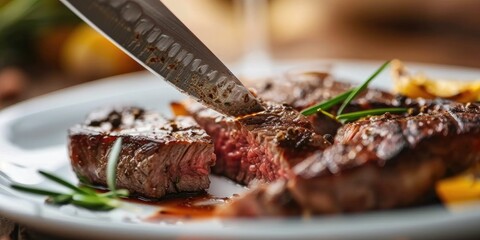 Wall Mural - Close-up view of a knife cutting into a cooked ribeye steak served on a light-colored plate.