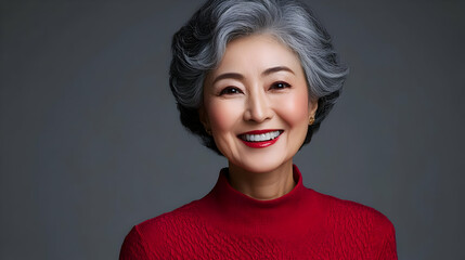 Sticker - Portrait of a smiling mature Asian woman with gray hair wearing a red sweater against a gray background.